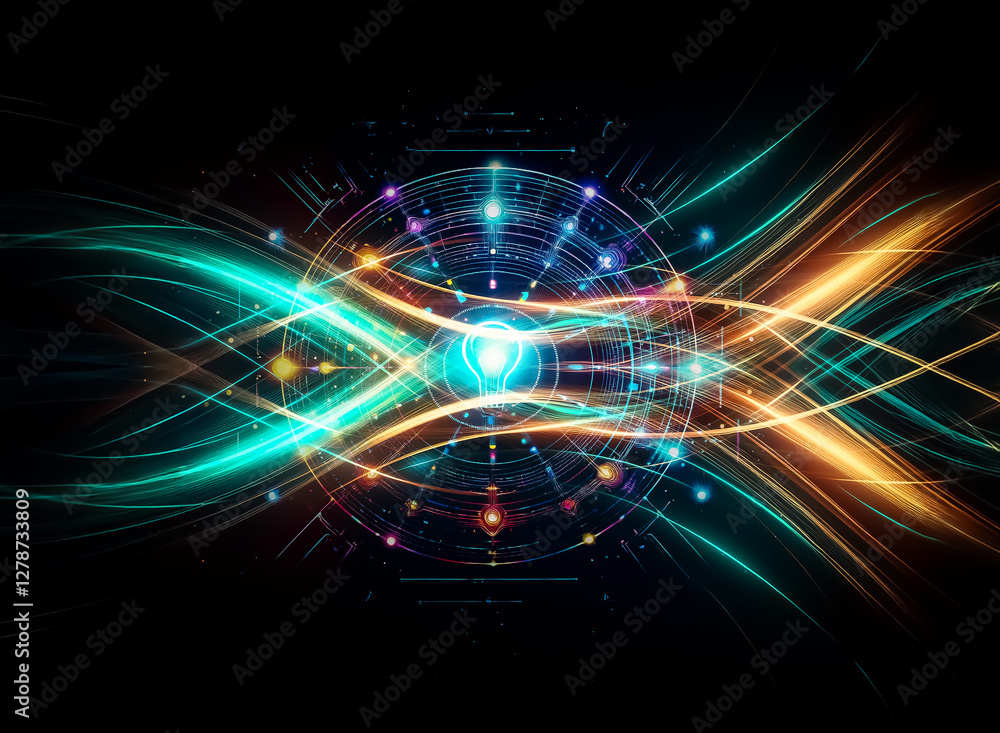 Fototapete a vibrant abstract design featuring a glowing circular shape with a central light bulb motif against