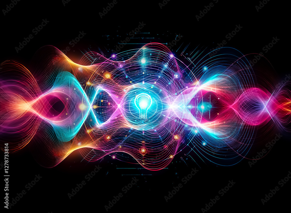Fototapete a vibrant abstract design featuring a glowing circular shape with a central light bulb motif against
