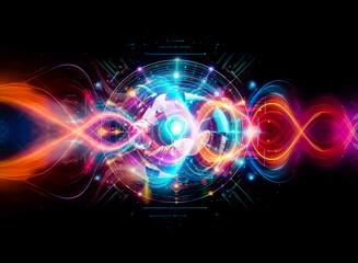 Obraz premium A vibrant abstract design featuring a glowing circular shape with a central light bulb motif against a dark backdrop. The image evokes a futuristic and digital aesthetic with bright, radiating colors.