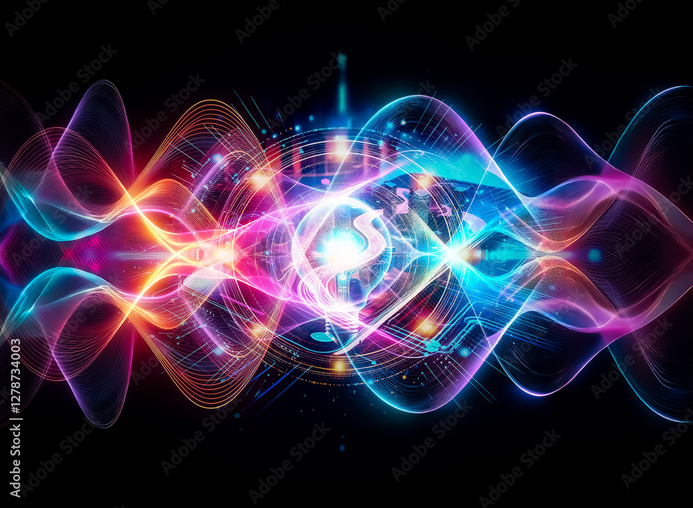 Poster glowing lightbulb center, surrounded by vibrant energy rings and radiating lines against a dark back