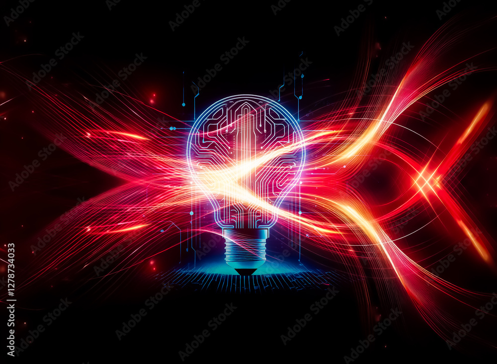 Poster a glowing lightbulb, its filament a circuit board, rests on a digital circuit background. this symbo