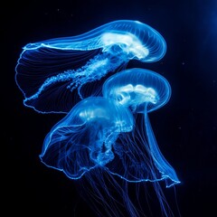 Ethereal Bloom: Luminous Jellyfish Dance in a Dark Ocean Abyss, a Mesmerizing Underwater Ballet