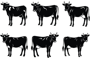 Cow silhouette set (breeds and angles). Vector Calf Silhouettes Isolated on White.