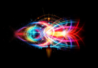 Fototapeta premium Illuminated light bulb at center, encircled by vibrant glowing blue and orange lines, sparks, and circles against dark backdrop. Futuristic energy concept.