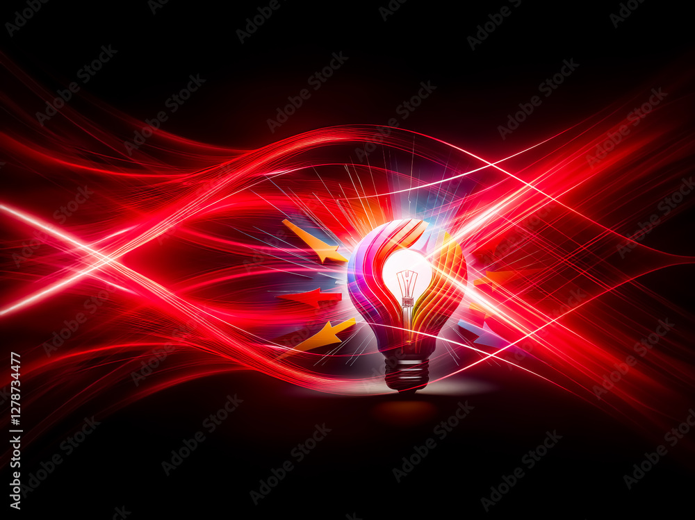 Poster a vibrant light bulb radiates light, surrounded by colorful arrows pointing inwards, symbolizing ide