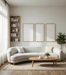 Frame mockup, ISO A paper size. Living room wall visual mockup. Interior mockup with warm background. Chic interior design