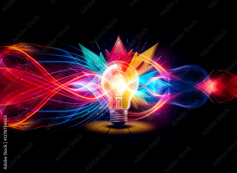 Poster illuminated lightbulb radiates bright light, encircled by dynamic, colorful arrows pointing in diver