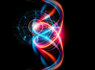 Obraz premium A glowing light bulb emits warm light, surrounded by bright blue futuristic circular elements on a dark backdrop, resembling digital technology.