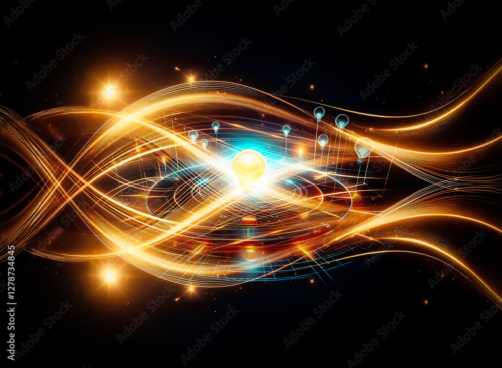 Poster a glowing light bulb is centered within a circular design, radiating bright beams of light and energ