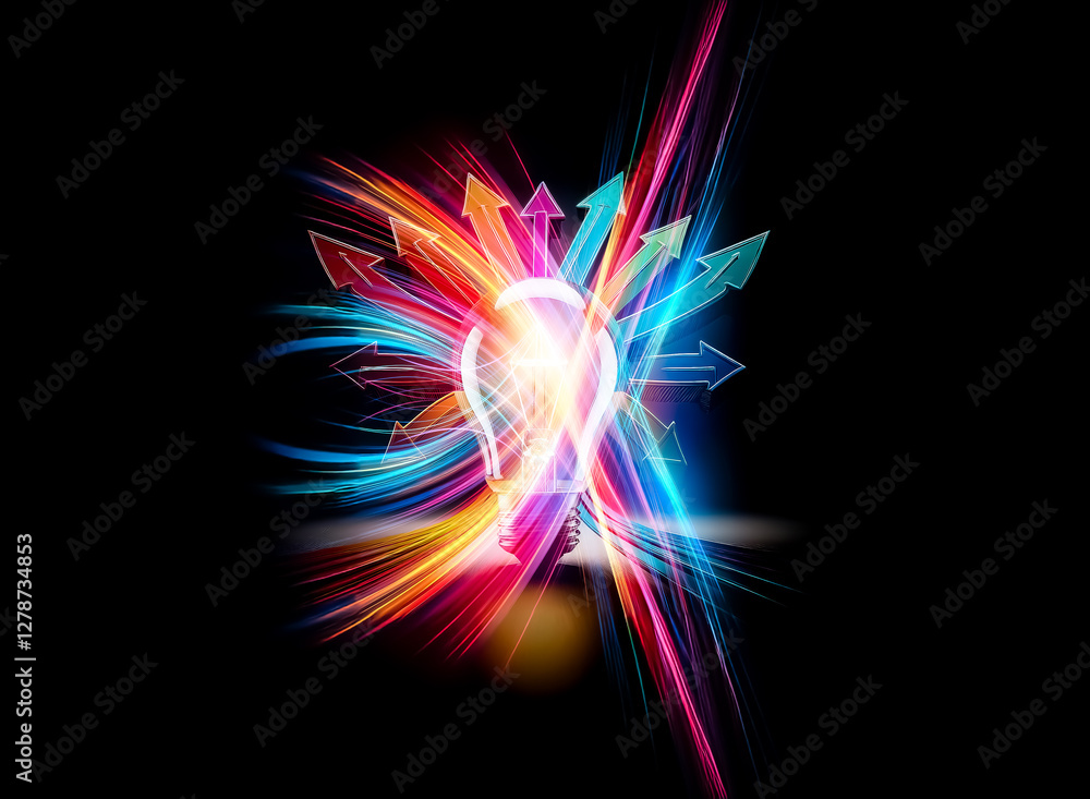 Aufkleber a bright light bulb radiates light, surrounded by colorful arrows pointing outwards. representing id