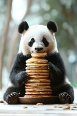 Obraz premium Cute panda cub enjoying a stack of pancakes