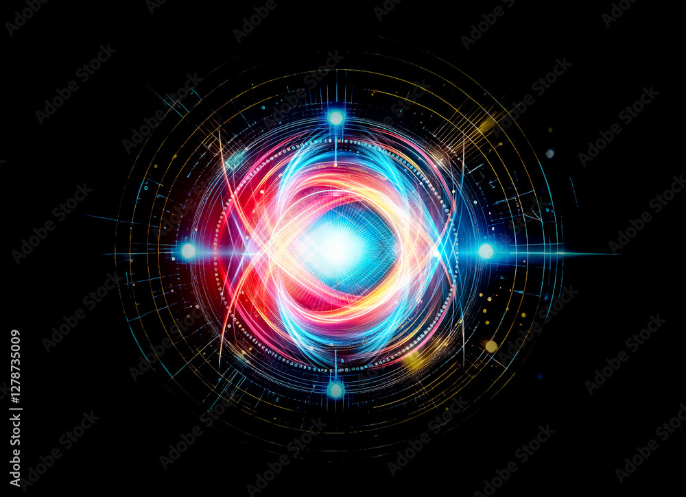 Poster abstract glowing lightbulb in center, surrounded by electric blue and vibrant orange particles and l