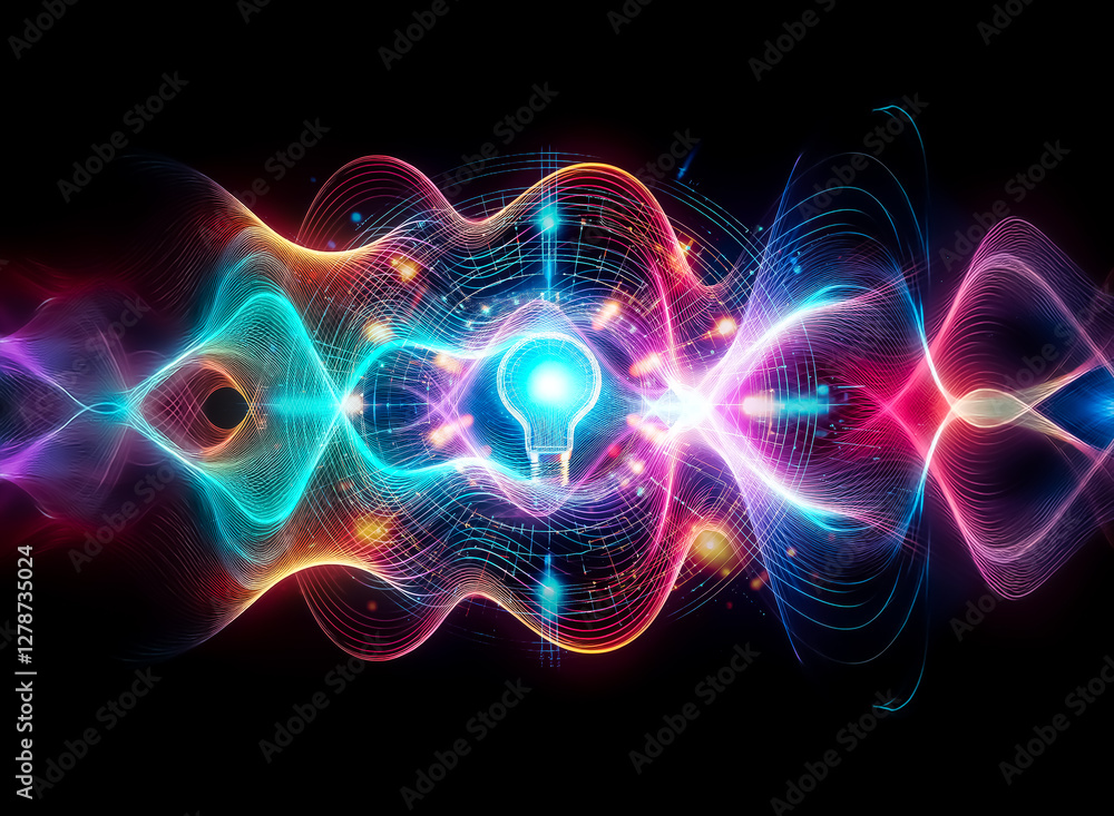 Poster Futuristic glowing light bulb surrounded by vibrant circles and lines against a dark backdrop.  It evokes themes of innovation, technology, and bright ideas in a digital age.