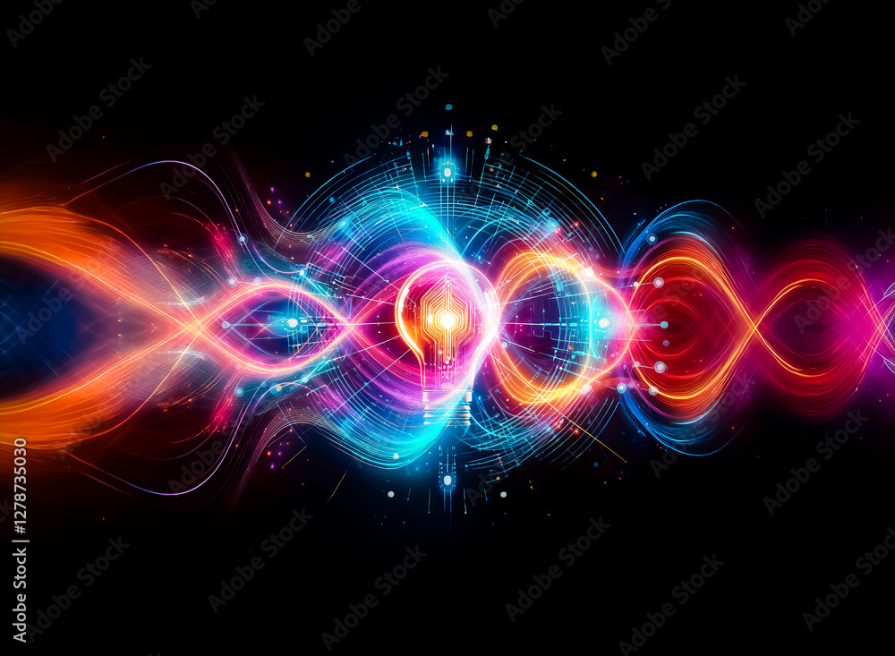 Poster a glowing light bulb surrounded by digital, circular elements on a dark background. it evokes concep