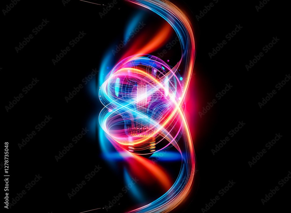 Poster illuminated light bulb with a glowing circuit board inside, radiating neon colors against a dark bac