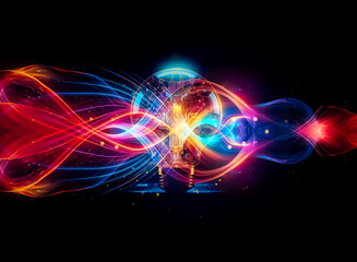 A glowing light bulb, its interior filled with intricate circuitry, sits on a futuristic surface, surrounded by a bokeh of smaller lights.  It symbolizes innovation and technological advancement.