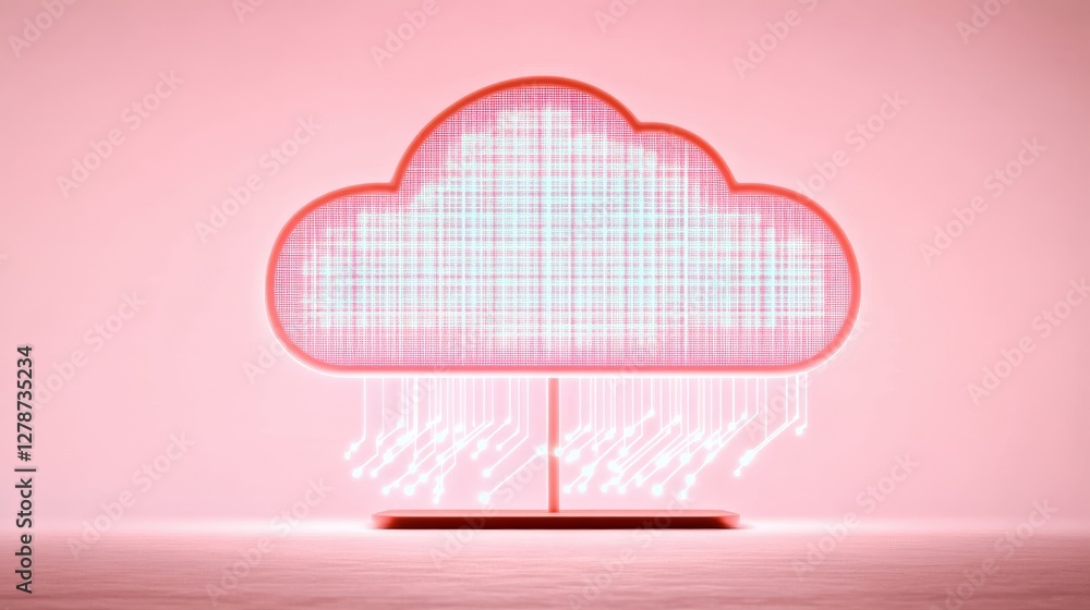 Poster radiant cloud icon emitting glowing streams of data with a modern design in a pink background for di