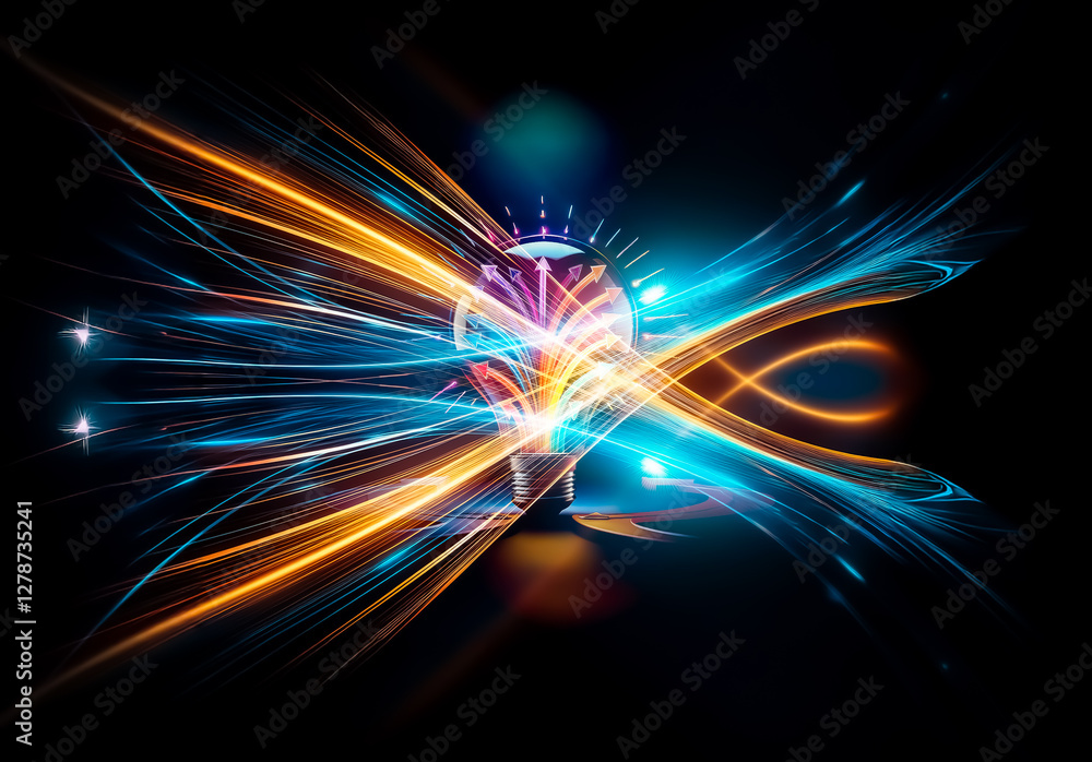 Aufkleber Colorful arrows flow in and out of a lightbulb illuminated by a spotlight, representing idea generation and directional concepts.
