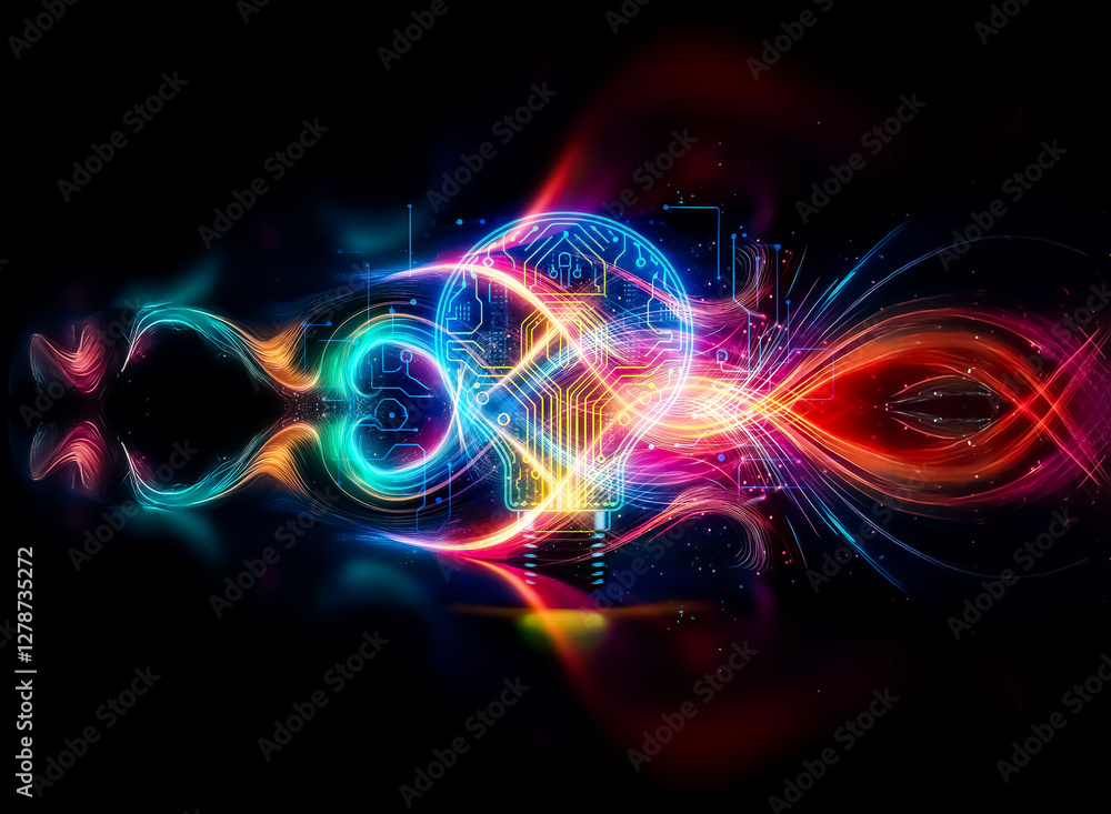 Aufkleber a glowing lightbulb, its filament replaced by a complex circuit board, illuminates a dark background
