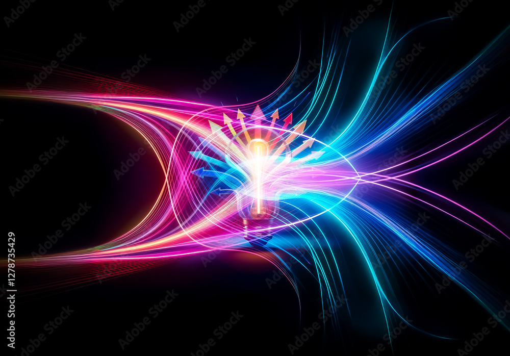 Poster colorful lightbulb with arrows spreading outwards against a dark background. symbolic of ideas, crea