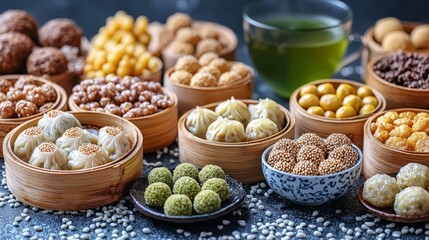 Assorted Chinese Dim Sum in Bamboo Steaming Baskets