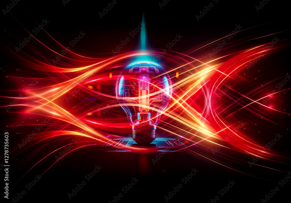 Leinwandbilder A glowing light bulb with a circuit board inside, illuminated with vibrant neon blue, red, and orange lights. Futuristic and technological theme with dark background and circuit patterns.