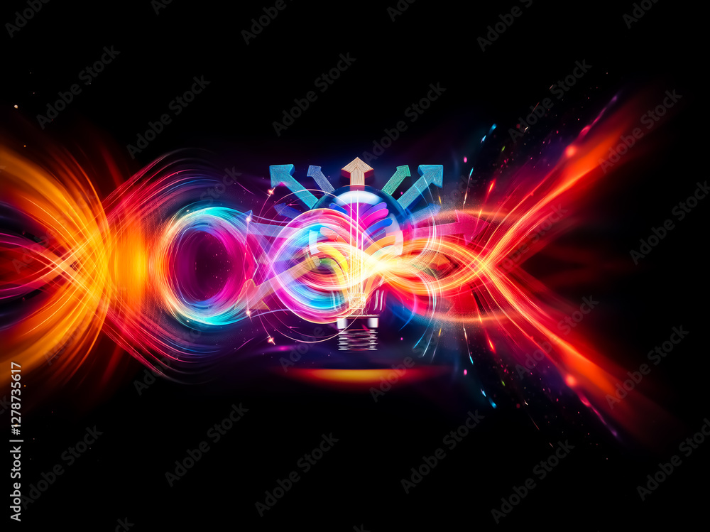 Poster a vibrant light bulb emits colorful rays as arrows converge towards it on a dark backdrop, symbolizi