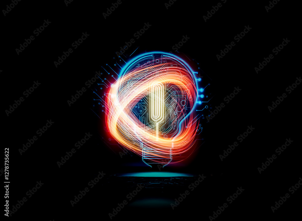 Poster glowing lightbulb with integrated circuit board design, symbolizing innovation and technological adv