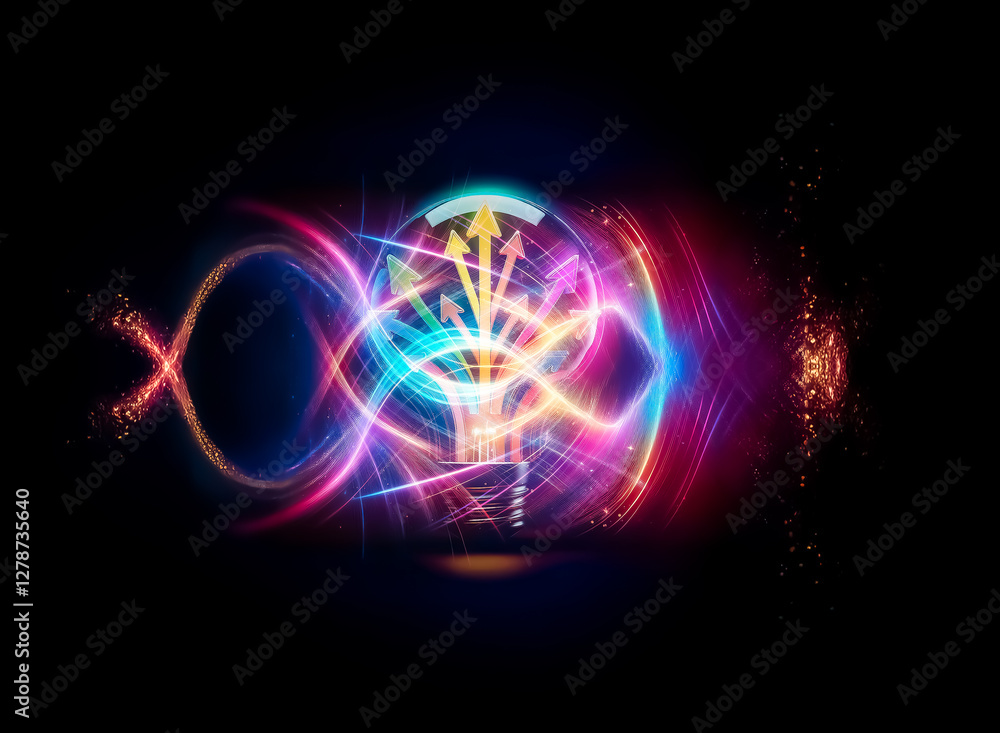 Poster glowing lightbulb with vibrant arrows pointing outward, symbolizing diverse ideas and innovative sol