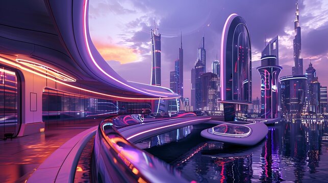 A futuristic cityscape featuring sleek architecture and vibrant neon lights during twilight.