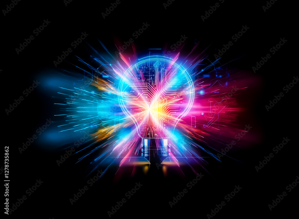 Poster a glowing lightbulb, its filament replaced by intricate circuitry, symbolizes innovation and technol