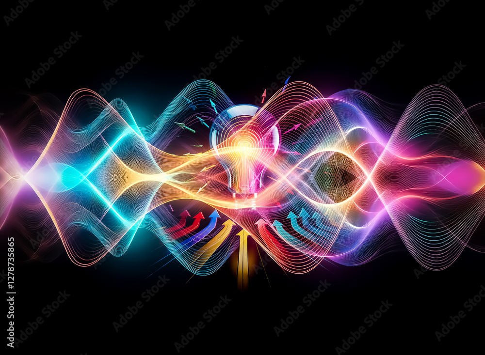 Poster A vibrant lightbulb glows, illuminated by colorful arrows converging towards it in the dark, symbolizing bright ideas and innovative solutions.
