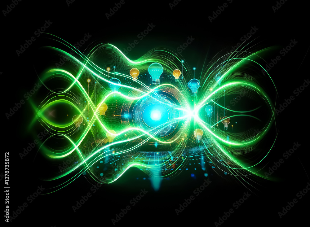 Poster A futuristic glowing design showcases a bright circular core encircled by illuminated light bulbs on stems, all set against a dark background.  Represents innovation and ideas.