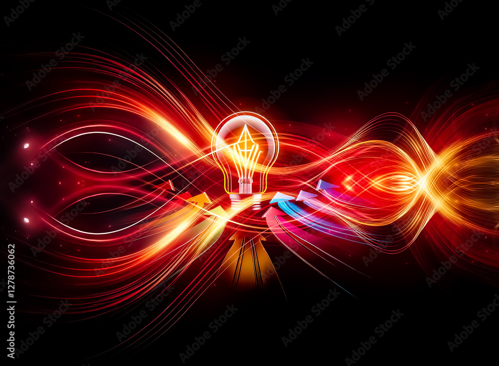 Poster a glowing lightbulb stands out against a dark backdrop, with vibrant arrows in various hues pointing