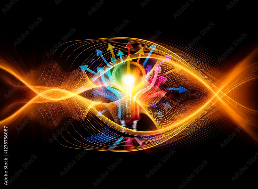 Aufkleber a colorful lightbulb radiates bright light and ideas, symbolized by arrows pointing in various direc