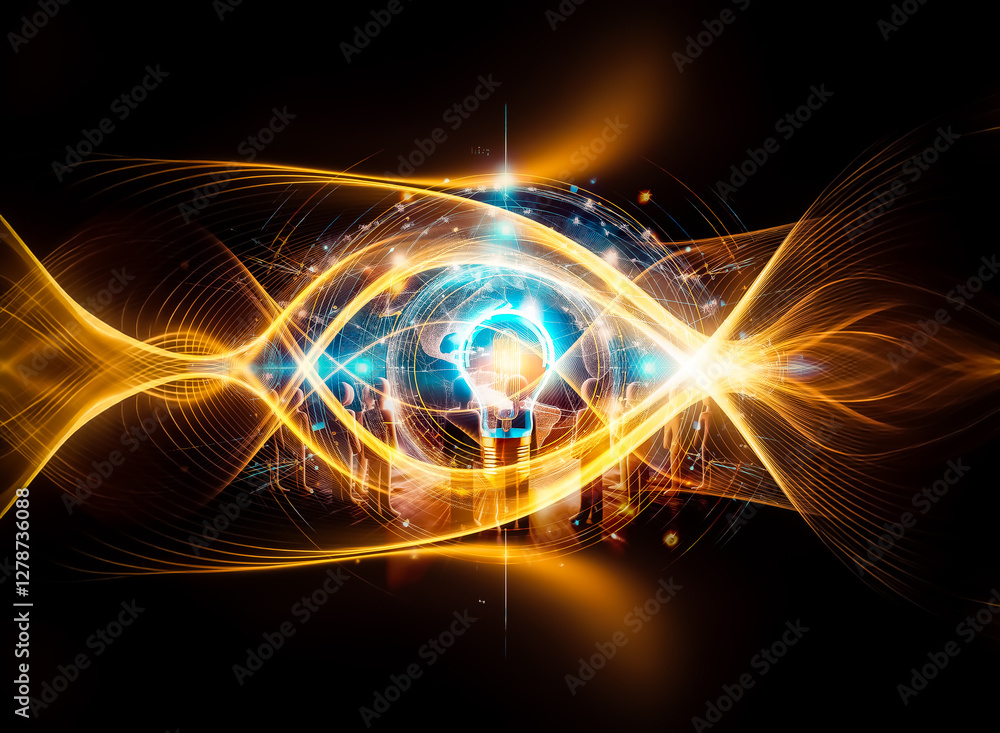 Poster glowing light bulb at the center of concentric circles and radiating lines against a dark backdrop. 