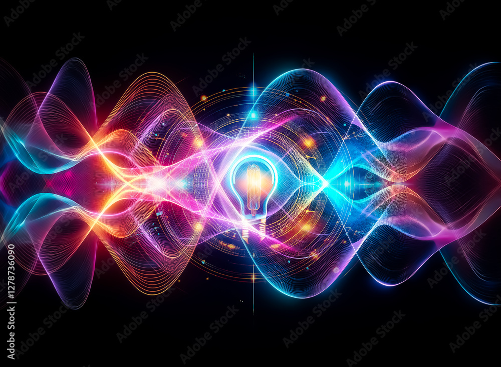 Poster glowing light bulb at the center of concentric circles and radiating lines against a dark backdrop. 