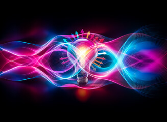 Naklejka premium A vibrant light bulb radiates colorful arrows, symbolizing creativity and outward expansion against a dark backdrop.