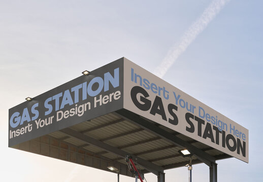A green gas station canopy under a clear sky, ideal for branding and template usage. Perfect for two design mockups. Two design options