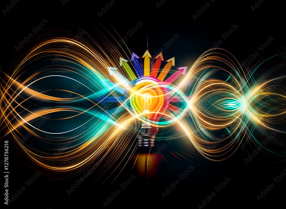 Poster a radiant light bulb emits colorful arrows in every direction, representing bright ideas and innovat