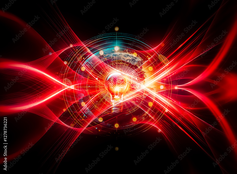 Poster bright light bulb in center, encircled by concentric circles of lights and dots on dark background, 