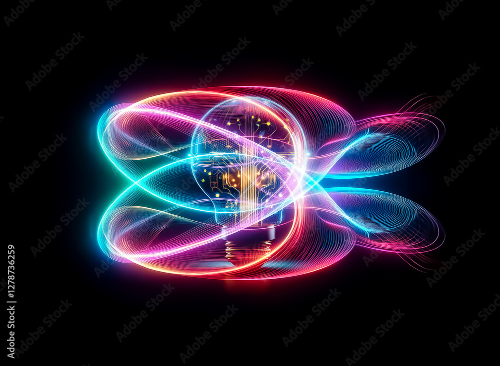 Poster A glowing lightbulb, its interior filled with intricate circuit board patterns, symbolizes innovation and technological advancement.  The dark background emphasizes its brilliance.