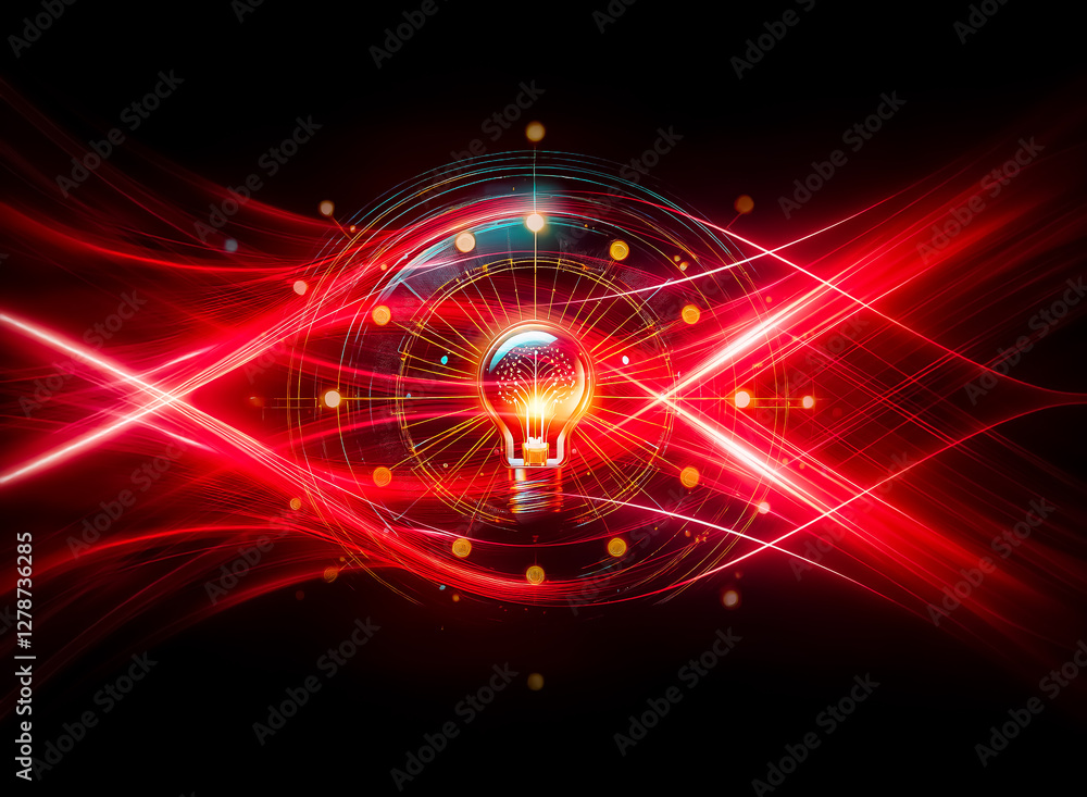 Poster bright light bulb in center, encircled by concentric circles of lights and dots on dark background, 