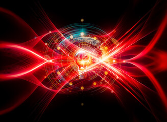 Obraz premium Bright light bulb in center, encircled by concentric circles of lights and dots on dark background, symbolizing innovation and interconnected ideas.