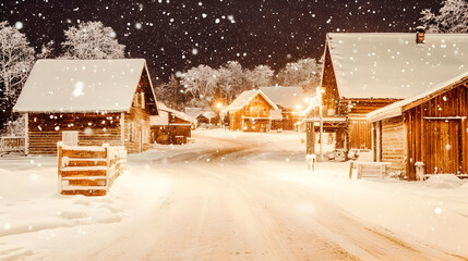 Fototapeta premium Snowy Village Night Background Illustration