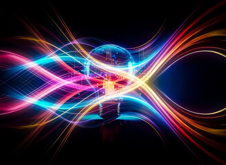 Naklejka premium A glowing lightbulb, its interior a complex circuit board, sits on a dark, reflective surface. The scene evokes innovation and technological advancement.