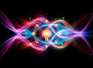 A central lightbulb emits bright light encircled by glowing rings and dots in blue and orange tones against a dark backdrop, suggesting a digital or futuristic concept.