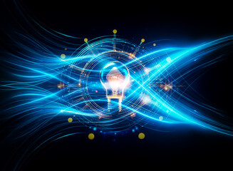 Glowing light bulb emits bright light, encircled by energy waves and sparkling particles on a dark backdrop.