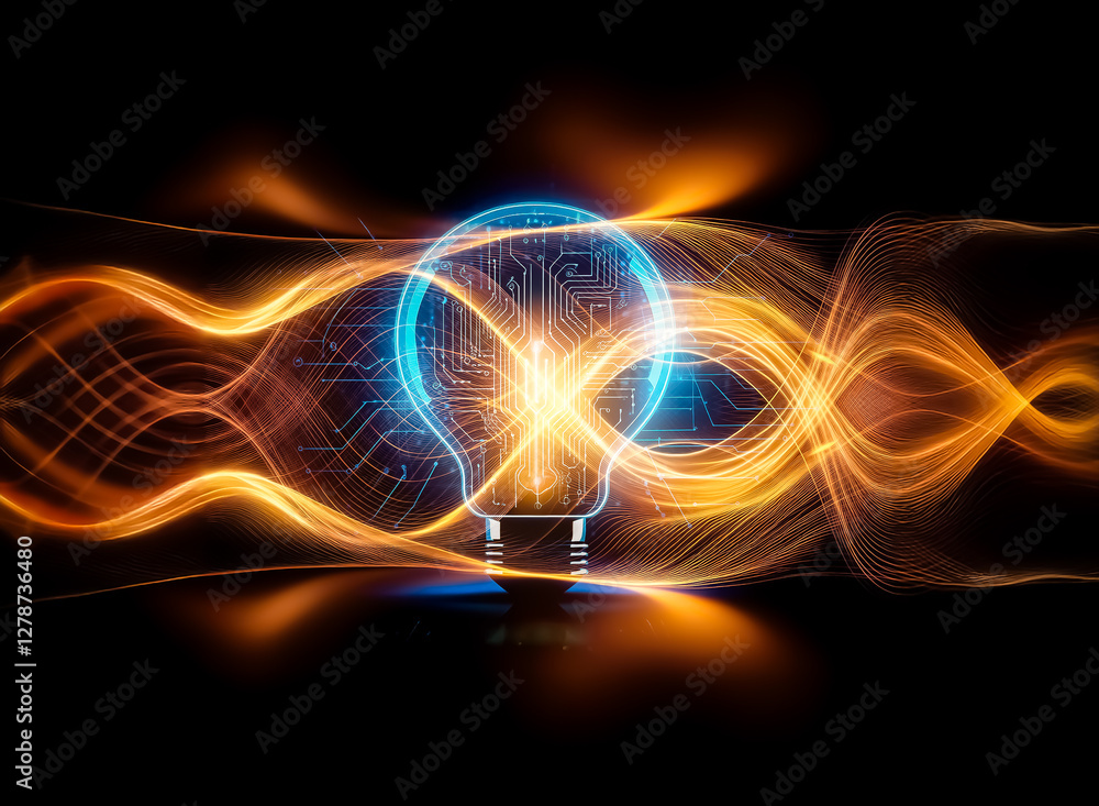 Aufkleber A glowing lightbulb with a circuit board inside, symbolizing innovation and technological advancement.  The image features a dark blue background and a reflective surface.