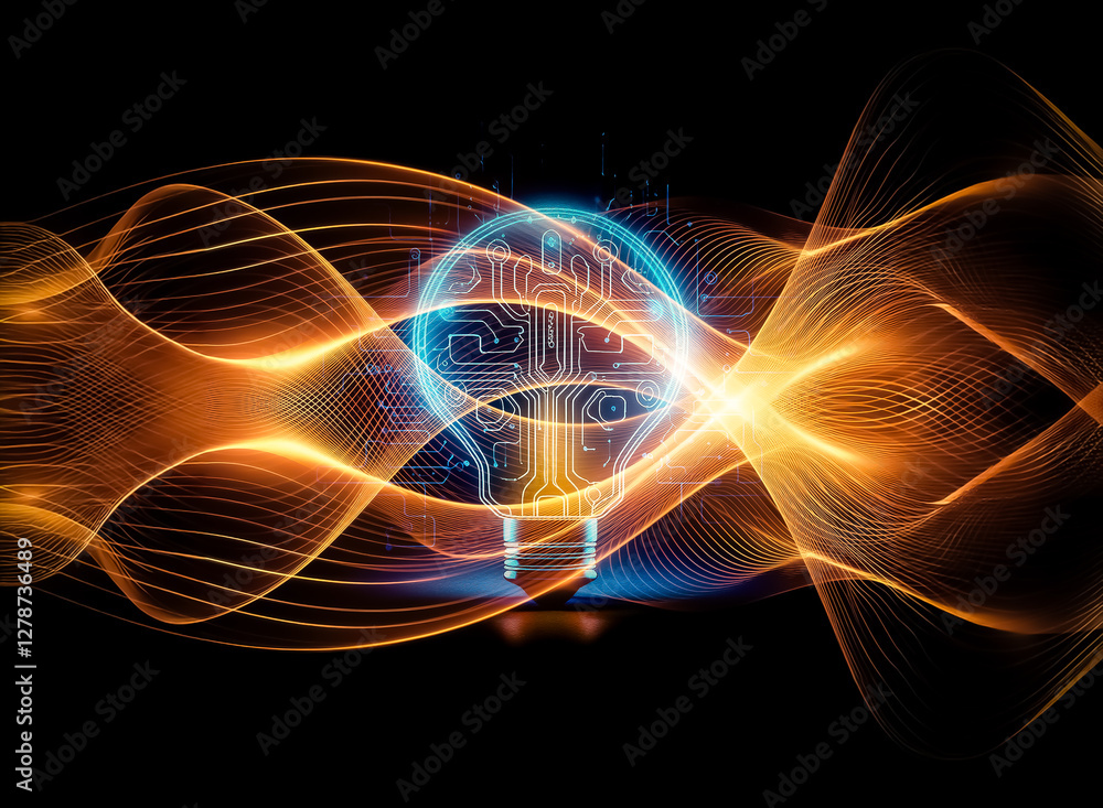 Poster a glowing lightbulb, its filament replaced by a circuit board, symbolizes innovation and technologic
